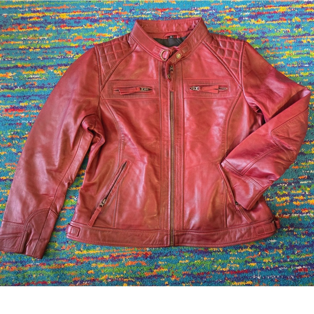 NWT Decrum Johnson Diamond1 Leather Cafe Racer Jacket in Maroon Women XL - Picture 1 of 8